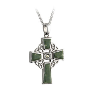 A cross with green stone on it's side.