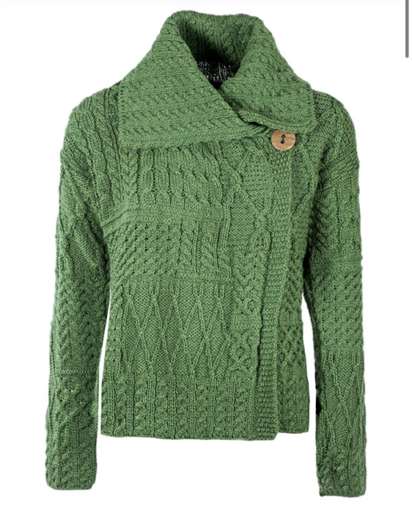 A green sweater with buttons on the side.