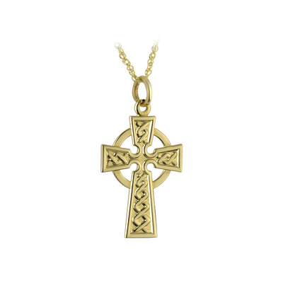 A gold cross with a chain around it.