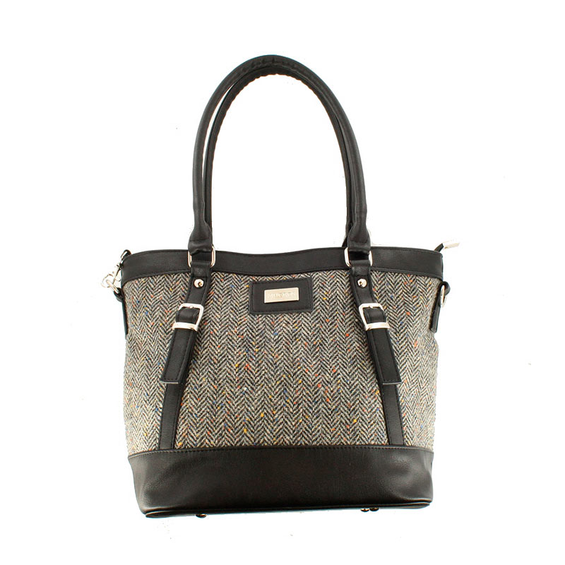 A brown and black handbag is shown here.