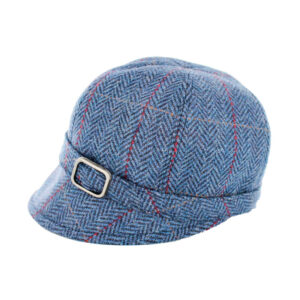 A blue hat with red and white stripes on it.