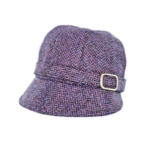 A purple hat with a buckle on it.
