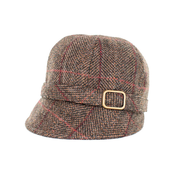 A brown hat with red and black plaid pattern.