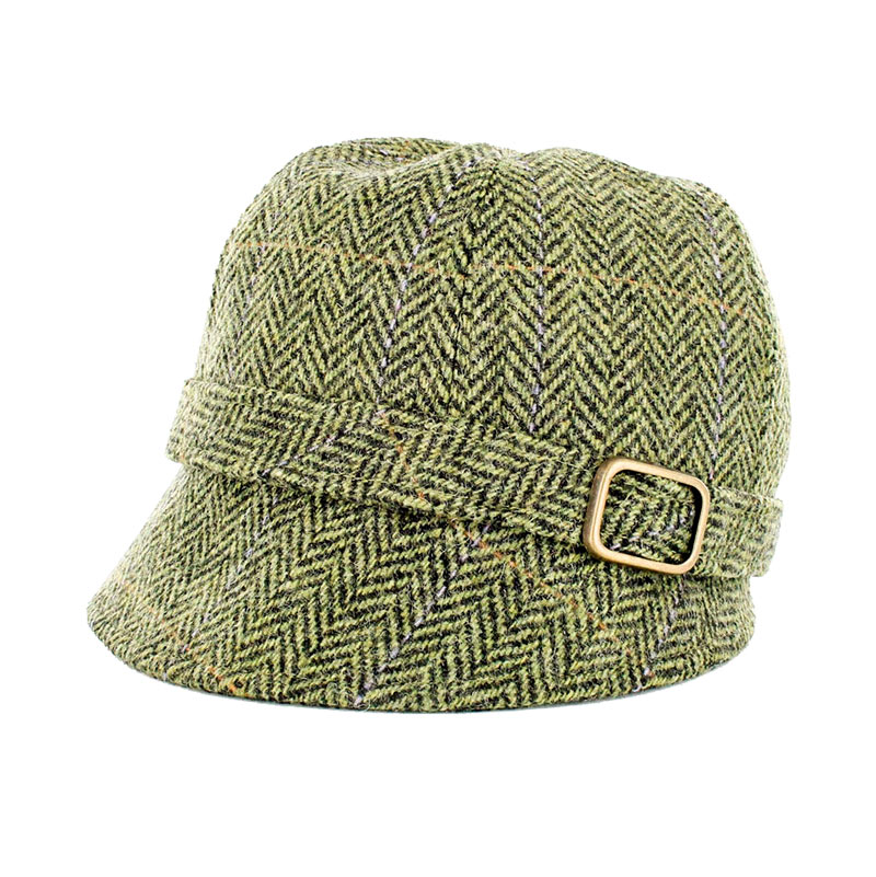 A green hat with a buckle on it.