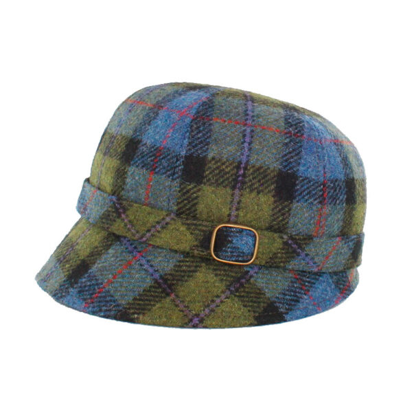 A blue and green plaid hat with a buckle.