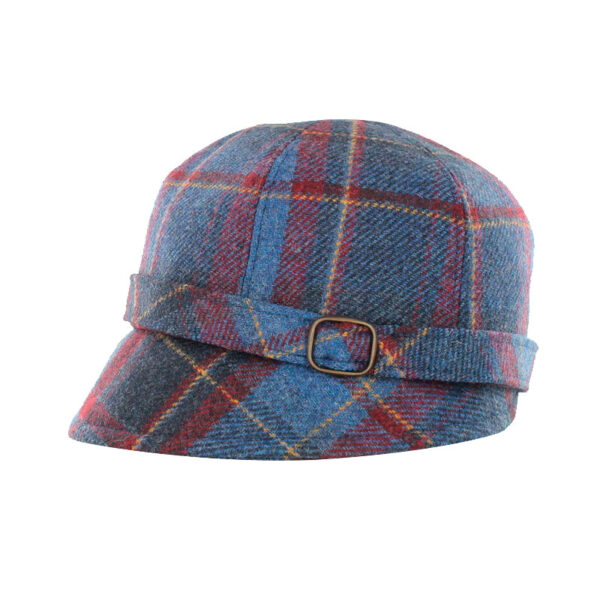 A blue plaid hat with a buckle on the side.