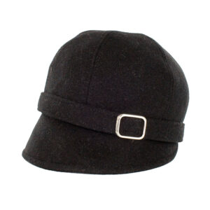 A black hat with a buckle on it.