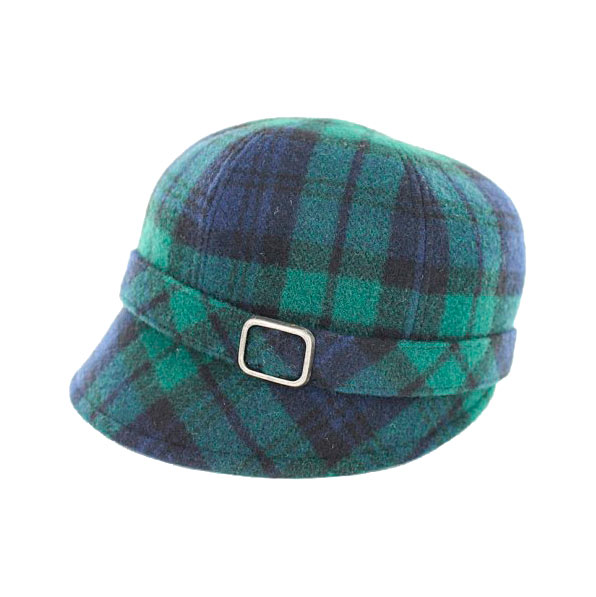 A green plaid hat with a buckle on the side.