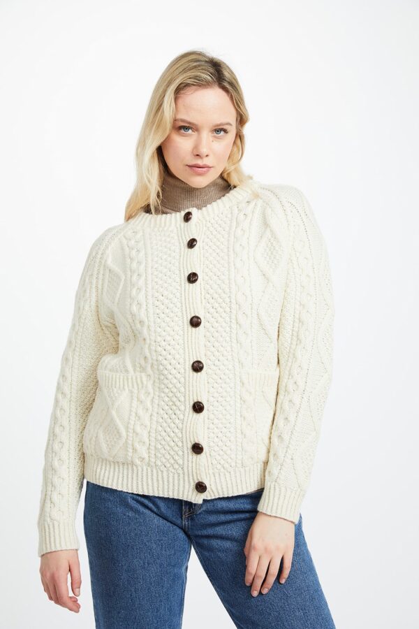 Ladies Merino Wool Hand knit Aran Cardigan – White