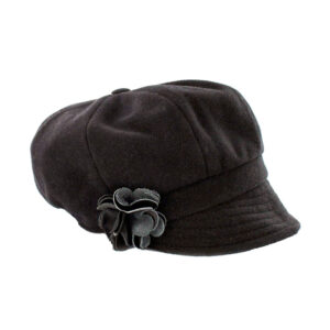 A black hat with a flower on it's side.