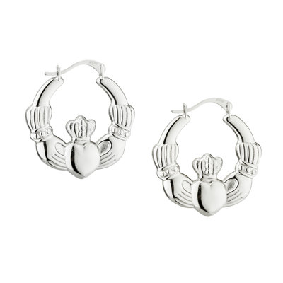A pair of silver earrings with the claddagh symbol.