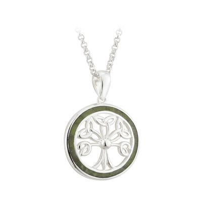 A silver necklace with a tree of life pendant.