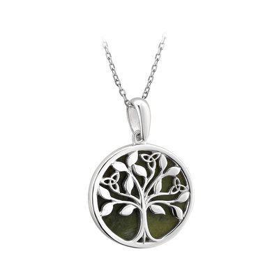 A silver necklace with a tree of life on it.