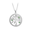 A silver necklace with a tree of life pendant.