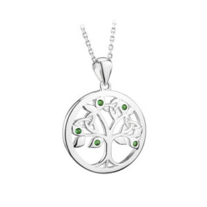 A silver necklace with an image of a tree.