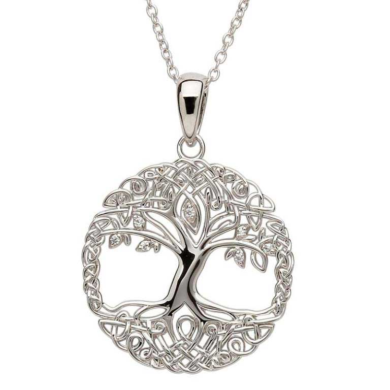 A silver tree of life necklace on a white background