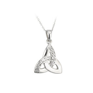 A silver necklace with a triangular shaped pendant.
