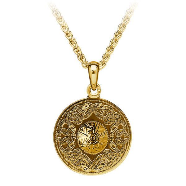A gold necklace with a round pendant on it.
