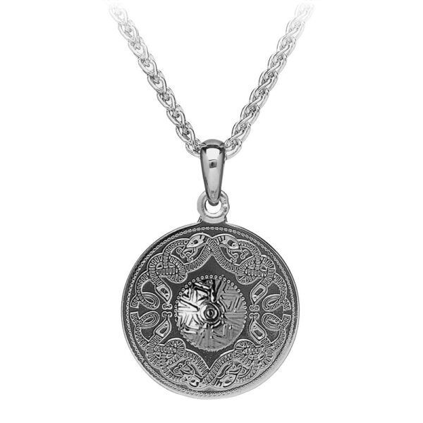 A silver necklace with an image of a cross.