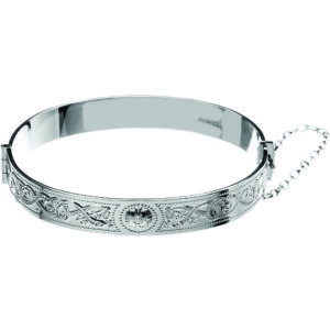 A silver bracelet with a chain hanging off of it.