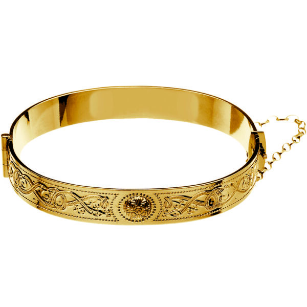 A gold bracelet with a chain around it.