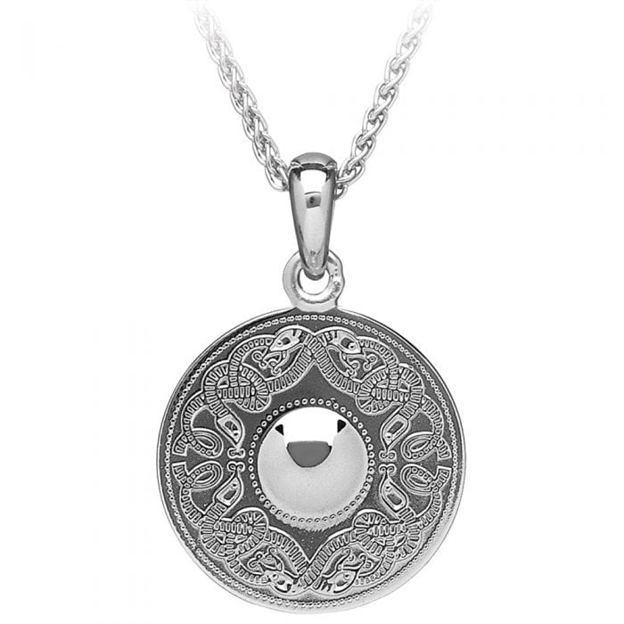 A silver necklace with a round shaped pendant.
