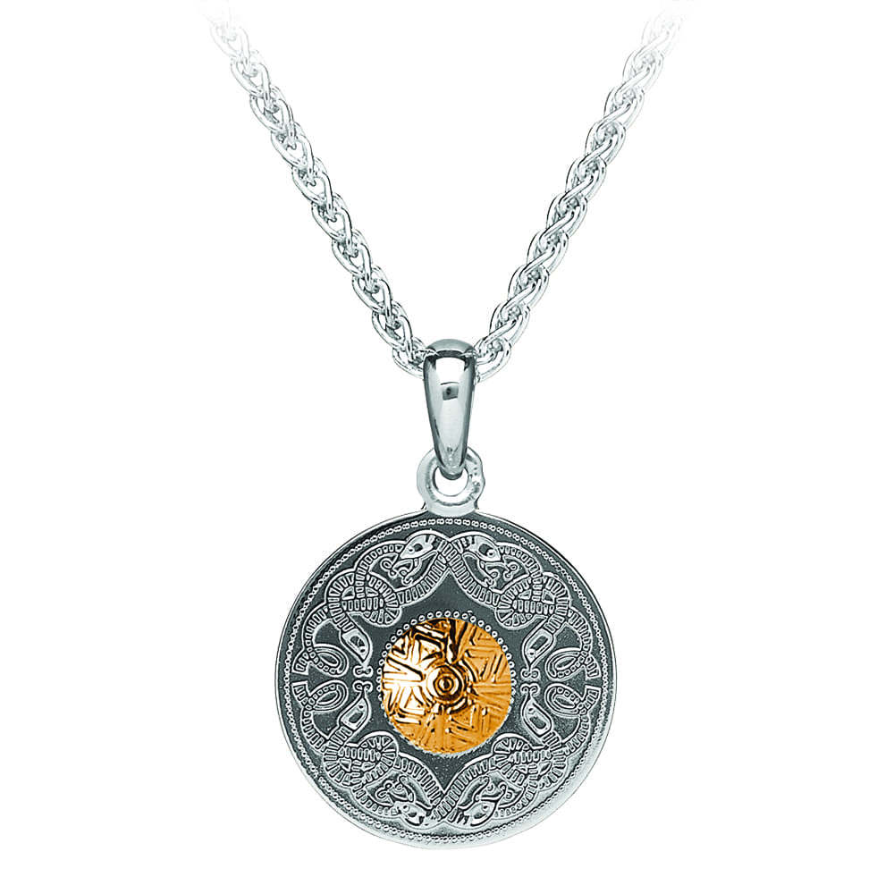 A silver necklace with a gold stone on it.