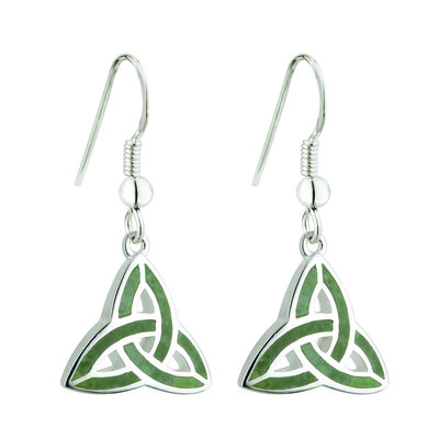 A pair of earrings with green triangles on them.