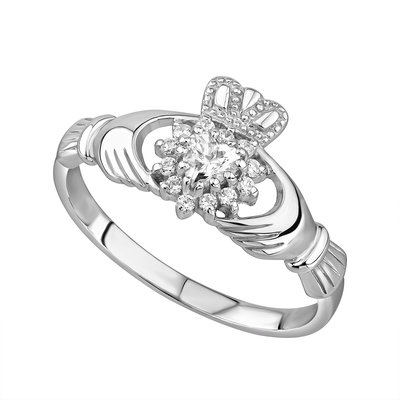 A claddagh ring with diamonds on it's side.