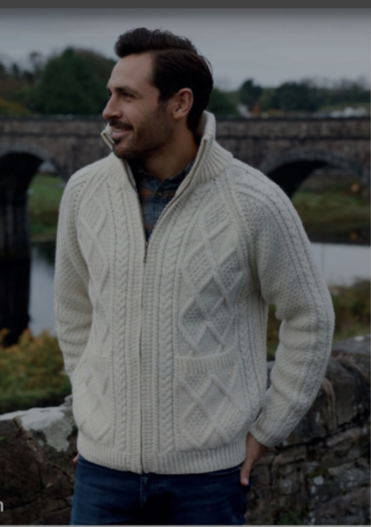 Men's Merino Wool Zipper Aran Cardigan – White - S156-669 - Out of Ireland