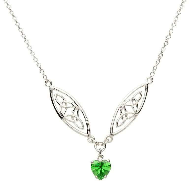 A silver necklace with a green heart shaped stone.