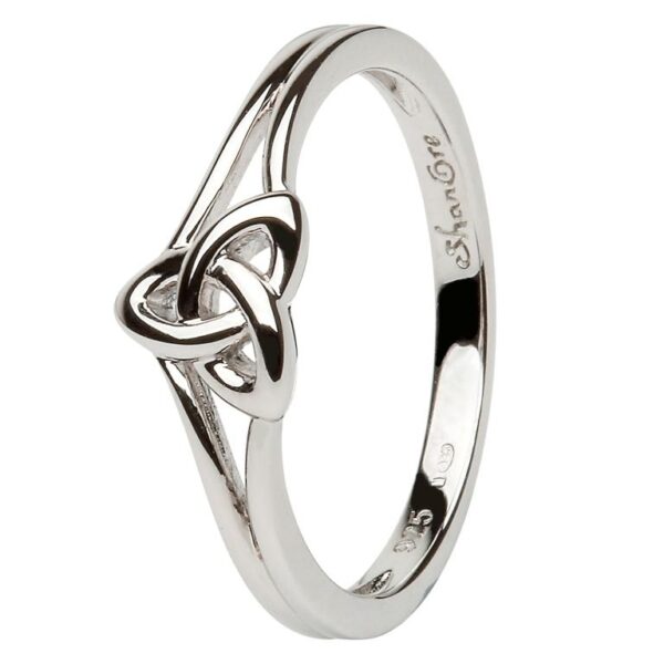 A silver ring with a celtic knot on it.