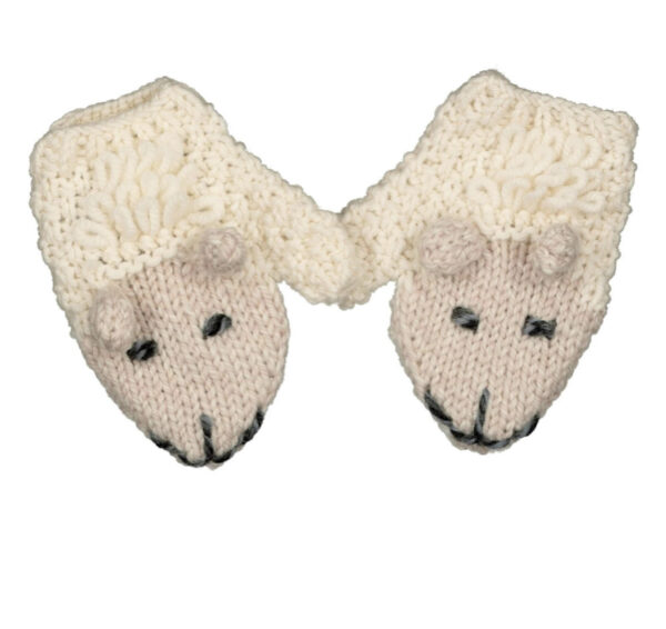 A pair of sheep mittens with the ears facing up.
