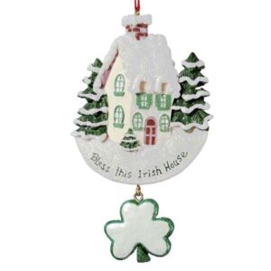 A christmas ornament with the words " bless this irish house ".