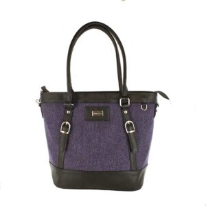 A purple purse with black leather trim.