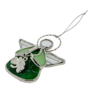 A green angel ornament with a leaf charm.