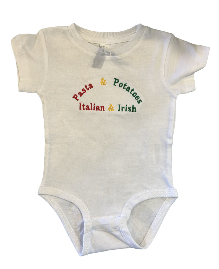 A white onesie with pasta and potatoes written on it.