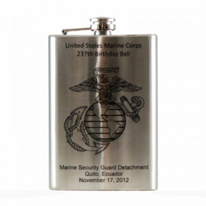 A stainless steel flask with the marine corps logo engraved on it.