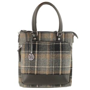 A brown plaid bag with a silver tag on it.