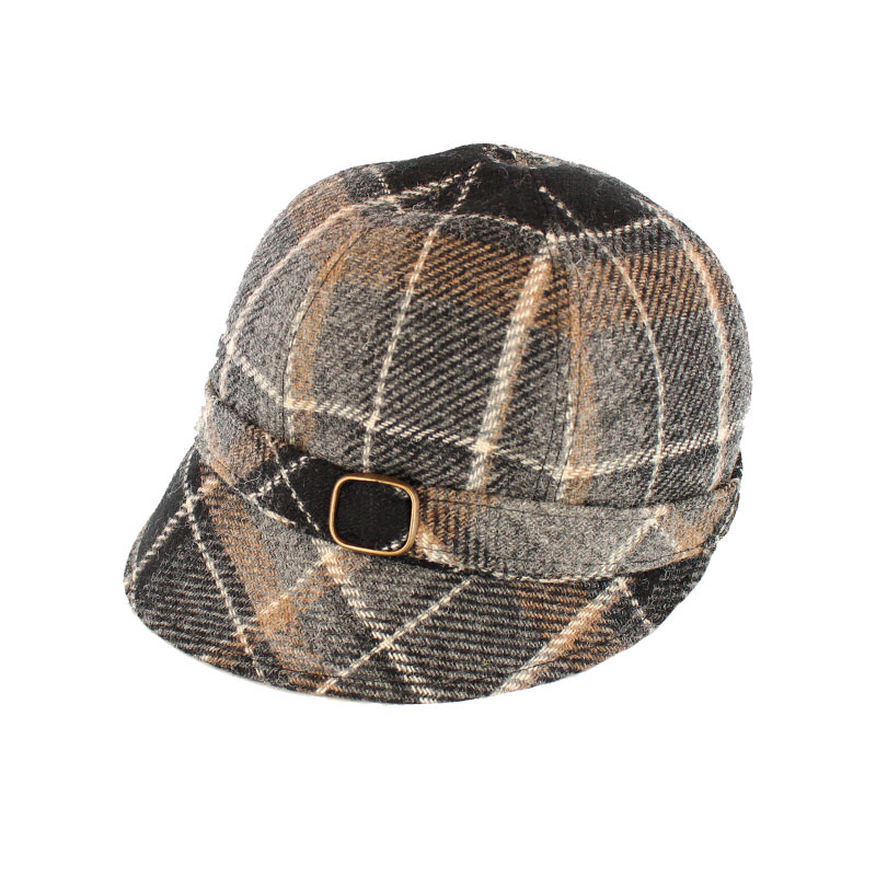 A brown plaid hat with a buckle on the side.