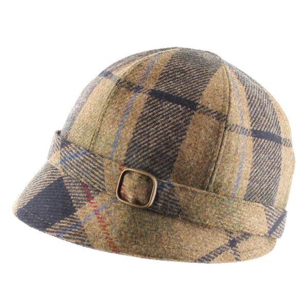 A brown plaid hat with a buckle on the side.