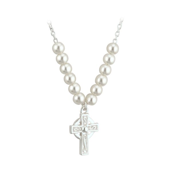 A cross necklace with pearls and silver chain.