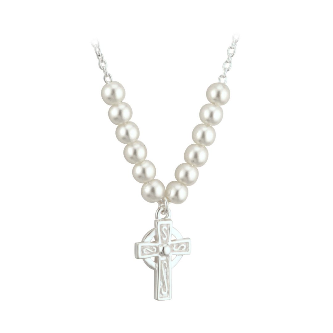 A cross necklace with pearls and silver chain.
