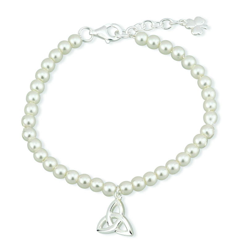 A bracelet with a silver charm and pearls.