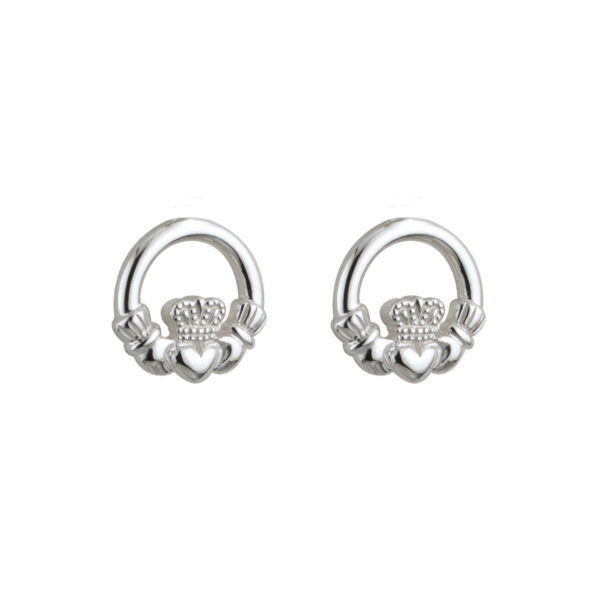 A pair of silver earrings with claddagh design.