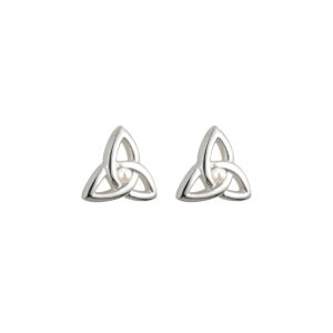 A pair of silver earrings with triangles and pearls.