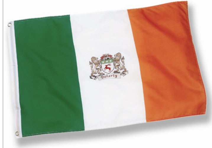 A flag of ireland with the coat of arms on it.