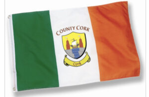 A flag of county cork with the coat of arms on it.