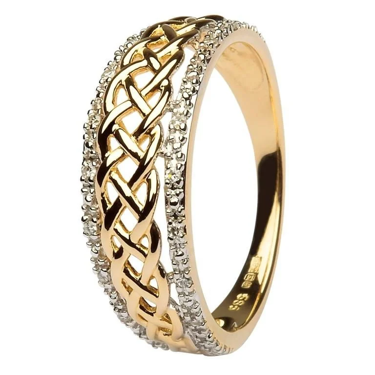 A gold ring with diamonds on it's side.