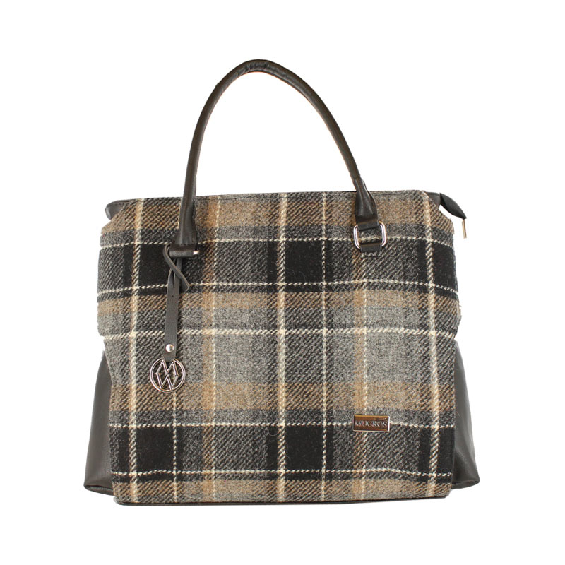 A brown plaid purse with a black handle.